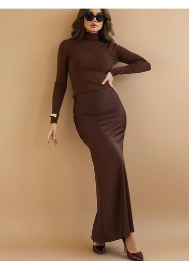 Lınesıde Lastikli Maxi Saten Etek Uzun 412399888 Kahverengi