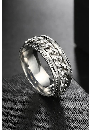 Ortası Dönebilen Zincirli Erkek Kadın Anti-stres Çelik Alyans Yüzük Cl43 Gümüş - Gri