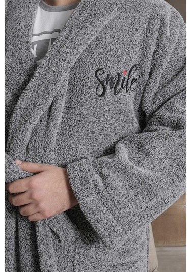 Uzun Kapüşonlu Welsoft Sabahlık Aile Seti-Gri