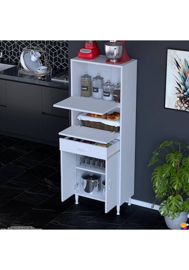 Modilayn Vio 65x163,4x32,5 Cm Yeni Çekmeceli, Kapaklı, Ekmeklikli, Çok Amaçlı Mutfak Dolabı. Beyaz