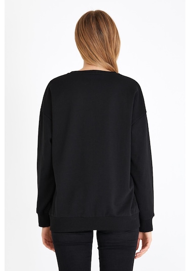 Comeor Kadın Siyah Basic Bisiklet Yaka Regular Fit Rahat Sweatshirt 001
