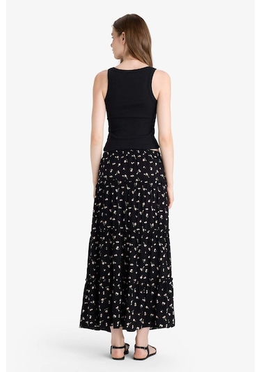 Defacto Çiçek Desenli Yüksek Bel Pamuk Astarlı Maxi Etek F9460ax25hsbk27 Siyah