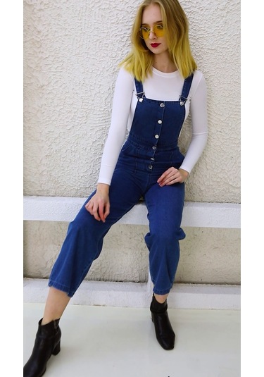 Önden Düğmeli Enzim Kumaş Salopet & Tulum Lacivert