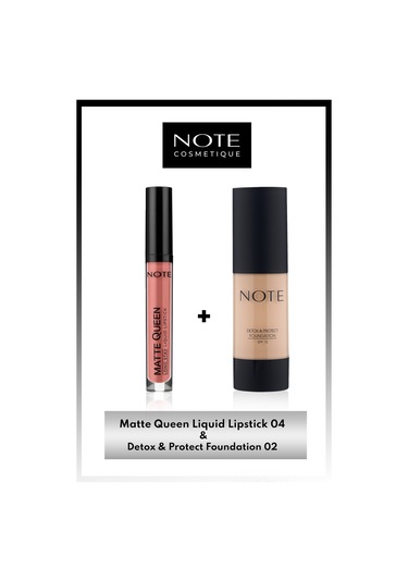 Note Cosmetics Matte Queen Lipstick Ruj 04 - Nude & Detox & Protect Spf 15 Fondöten 02 Natural Beige Makyaj Seti