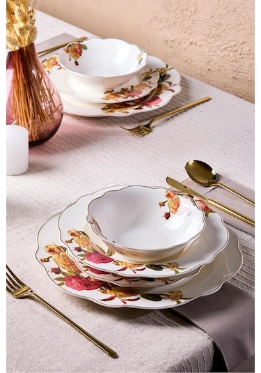 Porselen Rose Garden Bone 24 Parça 6 Kişilik Yemek Takımı Desenlı Desenli