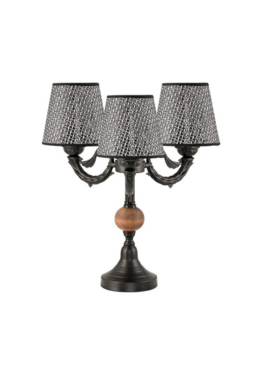Üçlü Şamdan Masa Lambası Abajur Siyah Siyah Rattan Hasır Şapkalı Siyah