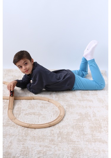 Erkek Çocuk Eşofman Takımı Palmiye Baskılı Ribanalı 4 Mevsim Bisiklet Yaka F13 Mavi