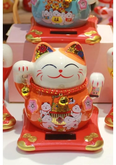 Seramik Maneki Neko Turuncu Güneş Enerjili Şans Kedisi 12cm No.4
