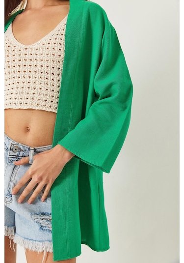 Shade Kadın Keten Dokulu Kısa Basic Kimono 60261496 - Yeşil