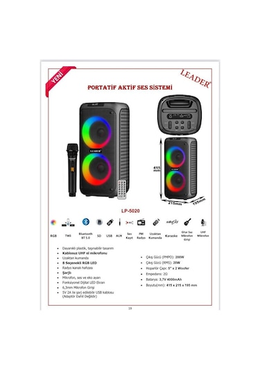 Leader Lp-5020 Portatif Kablosuz Mikrofon Lu Ses Sistemi