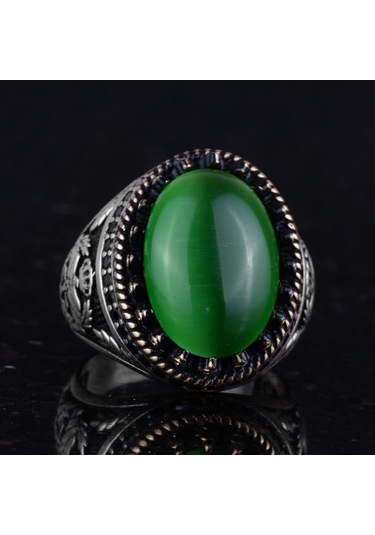 925 Ayar Gümüş Yüzük, Yapay Taş Yüzük, Kartal Sembolü Yüzük, El Yapımı Yüzük Yapay Yeşil Kedi Gözü Gümüş