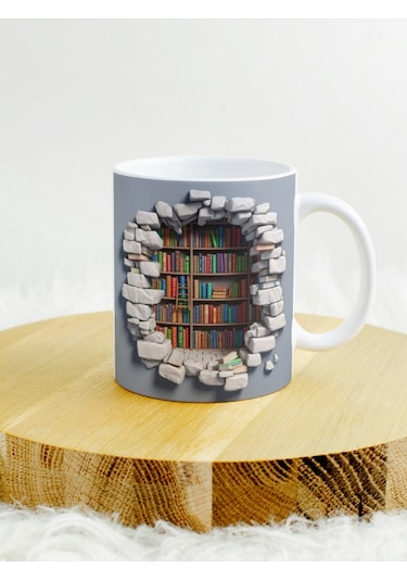 Deepcraft 3d Görünümlü Kitaplık1 Mug Hediyelik Kupa 300ml Beyaz