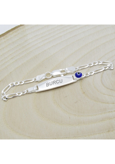 Nazar Boncuklu İsimli Gümüş Bebek Künye Çocuk Bileklik  Csb02