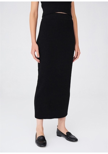 Peraluna Örgülü Kaşmir Karışımlı Kalem Kadın Triko Etek Siyah