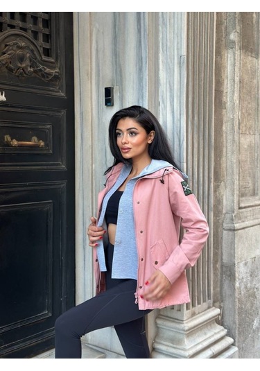 Kadın Ek Parça Kapüşon Kol Arma Detay Gabardin Ceket Pembe
