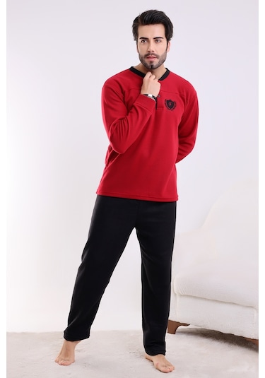 Falkon 7202 Polar Kışlık Erkek Ev Pijama Takımı Uyku Takımı Bordo