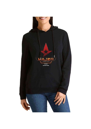 Major Cs Go 2 Champion Baskılı Siyah Kadın Kapşonlu Sweashirt