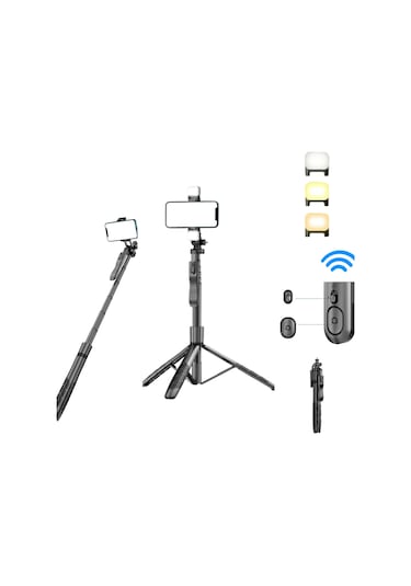 Geeksen L16d Tripod Telefon Tutucu: 1.55m Genişletilebilir, 3 Renkli Işık, Bluetooth Kumanda, Sabit Alüminyum, Seyahat Kolaylığı