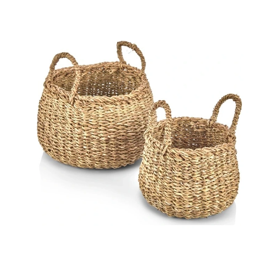 Dekoratif Yuvarlak Bombeli Saksılık Hasır Sepet 2 Adet