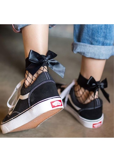 Bayan Kurdelalı Siyah File Soket Siyah