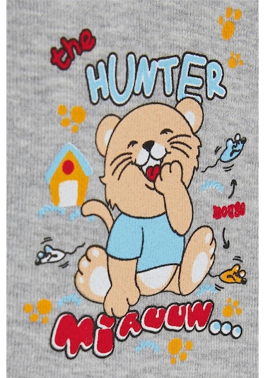 Breeze Erkek Bebek Çıtçıtlı Body Avcı Kedicik Baskılı 9 Ay 3 Yaş, Gri Melanj Gri Melanj