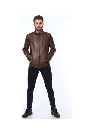 Hakiki Kuzu Derisi Kahverengi Dik Yaka Bern Erkek Deri Ceket Kahverengi