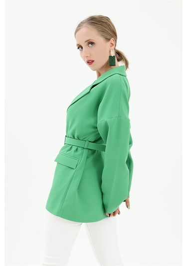 Düşük Omuz Kemerli Atlas Kumaş Blazer Ceket - Yeşil-yeşil Yeşil