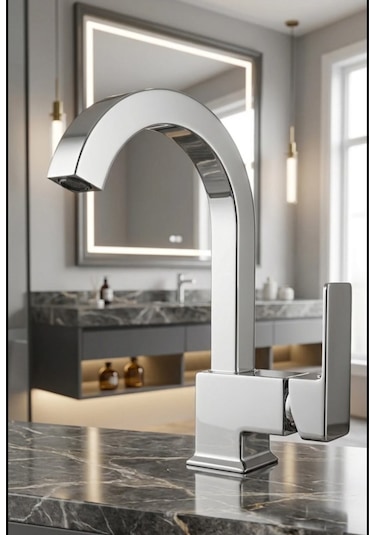 Kare Krom Lavabo Bataryası Tek Kollu Aç Kapa Musluk Modern Lüks Tasarım Profil Paslanmaz