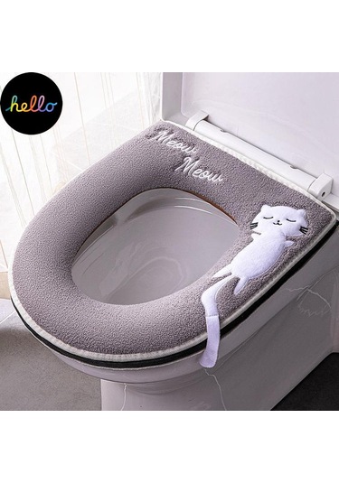 Gri Evrensel Klozet Kapağı Yuvarlak Klozet Kapağı Cus On Banyo Lavabo Kapağı Mat Kış T Ck Sıcak Yıkanabilir Kedi Karikatür Sevimli Klozet Kapakları