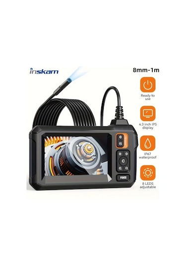 Xuweiwei Inskam 4.3 Ips Lcd Endoskop Kamera Turuncu Tek Lens 8mm 1m 1080p Video Ip67 Su Gecirmez 8 Led Usb Sarj Otomotiv Tesisat Ev Kontrolleri