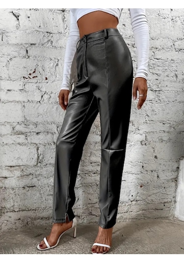 Modaserdem Kadın Yüksek Bel Önden Düğmeli Deri Pantolon Siyah