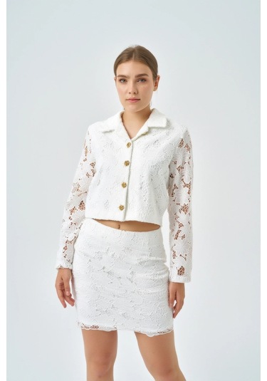 Modatalika Kadın Ceket Etek Dantel Özel Tasarım İkili Takım Ekru