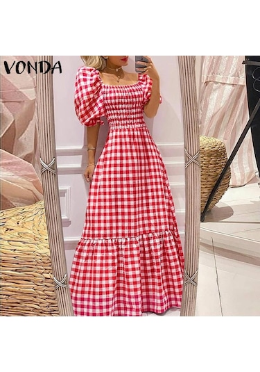 Vonda Yaz Kadın Ekose Kapalı Omuz Pilili Parti Uzun Elbise Zarif Ekose Tunik Ruffled Hem Gevşek Artı Boyutu Siyah