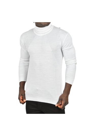 Deepsea Erkek Beyaz Tam Balıkçı Yaka Yanları Desenli Slim Fit Boğazlı Triko Kazak 2505495 Beyaz