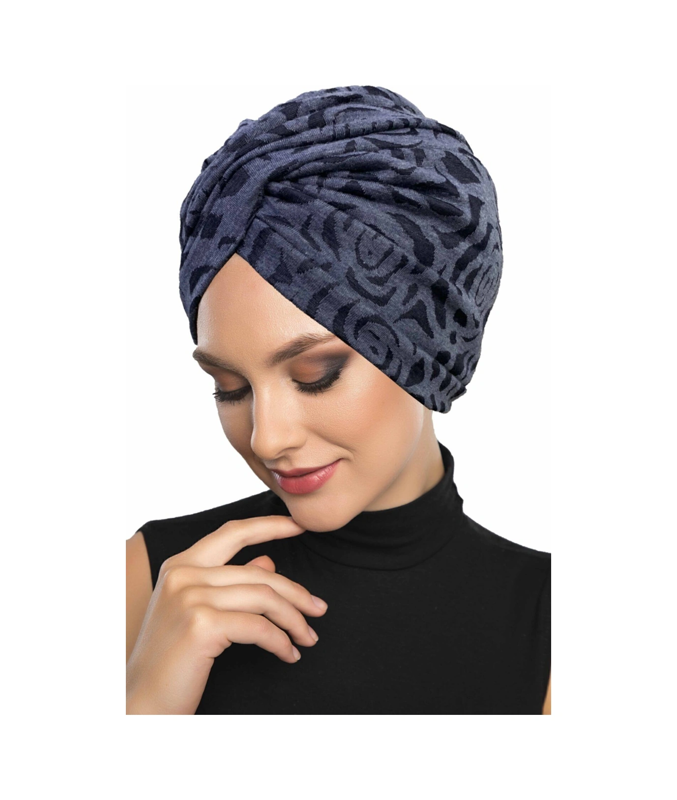 Desenli Çapraz Penye Lacivert Gül Desenli Hazır Türban Tesettür Havuz Bonesi Lacivert Gül