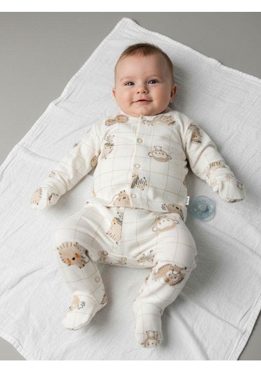Zekids Bebek Pamuklu Eldivenli Üst Ve Patikli Altlı Pijama Takımı-16787 Bej