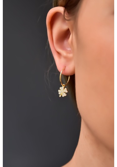 925 Ayar Gümüş Altın Kaplama Zirkon Taşlı Yonca Halka Küpe