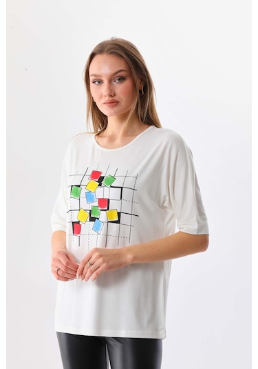 Sistas Kadın Kare Desenli Kısa Kol Bluz 23098 Ekru