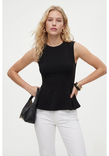 Ritnice Kadın Rowe %100 Pamuk Peplum Sıfır Kol Siyah Bluz