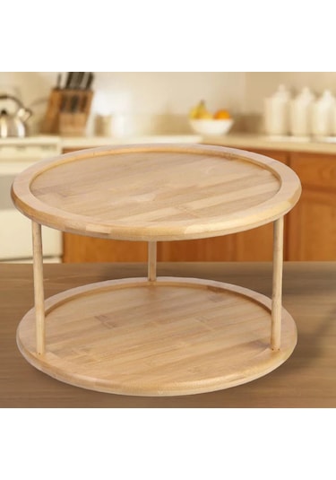 Suntek 2 Katmanlı Ahşap Pikap Baharatlık Mutfak Dolabı Dönen Organizatör Bej