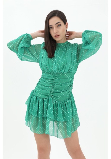 Büzgülü Puantiyeli Şifon Elbise - Yeşil-yeşil