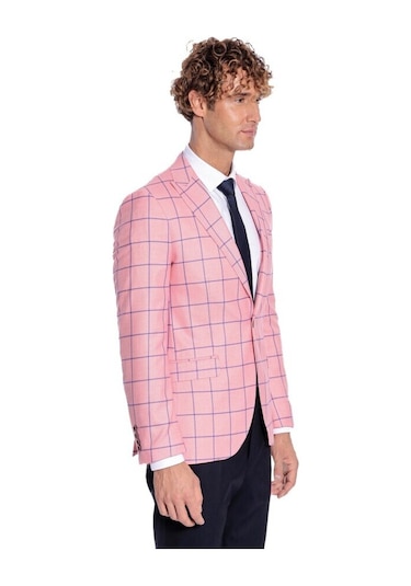 Mavi Kare Desenli Slim Fit Pembe Erkek Ceket 001
