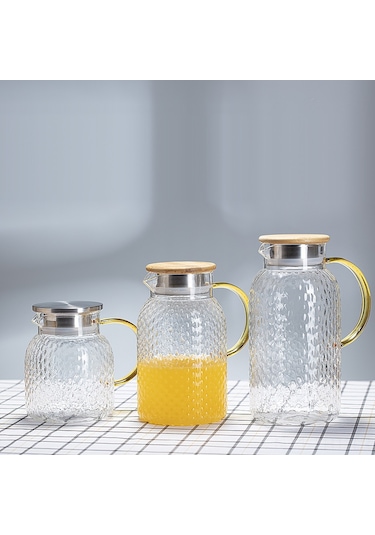 Hangfox 1.4l Büyük Kapasiteli Cam Soğuk Su Potu, Dayanıklı Borosilikat, Pirinç Desenli, Bambu Ve Çelik Kapaklı, Ev Kullanıma Uygun Çok Renkli