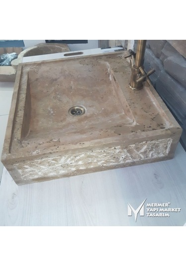 Noche Traverten Rustik Kare Lavabo - Batarya Çıkışlı