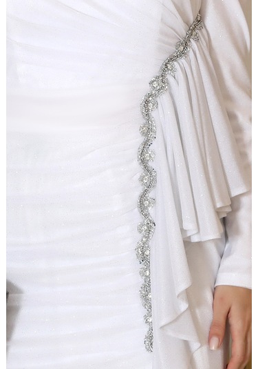 Parıltılı Fırfır Detaylı Zühre Tesettür Abiye Ekru