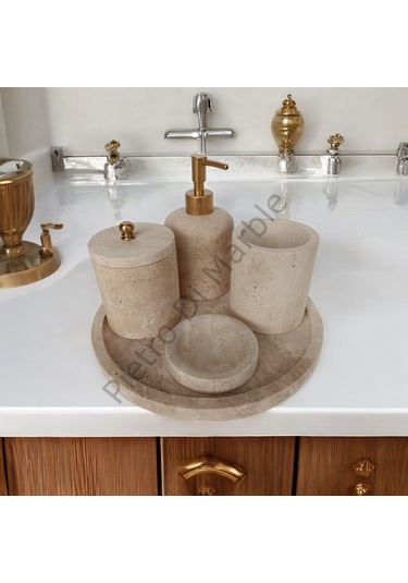 Sarı Traverten Klasik Model 5 Parça Mat Gold Renk Düğme Aksesuarlı Banyo Seti Sarı Traverten