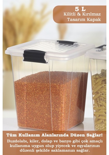 4'lü Organizer Box 5 L Un Bakliyat Erzak Kabı - Kilit Kapaklı Düzenleyici Deterjanlık Saklama Kutusu Şeffaf