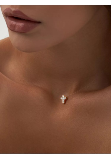 Marıola 925 Ayar Gümüşten Yapılmış Altın Kaplama Kolye, Görünmez İp Üzerinde Kрест 79585218 Altın