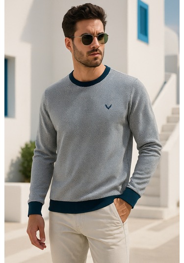 Rich Erkek Lacivert Kare Desenli Bisiklet Yaka Sweatshirt Lacivert