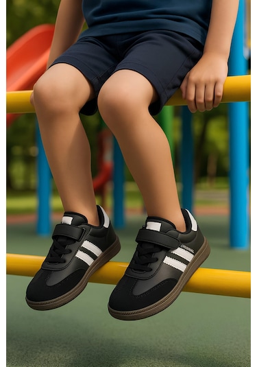 Günlük Unisex Çocuk Sneaker Bağcıklı Hafif Esnek Kaymaz Taban Ayakkabı 105 Siyah Beyaz